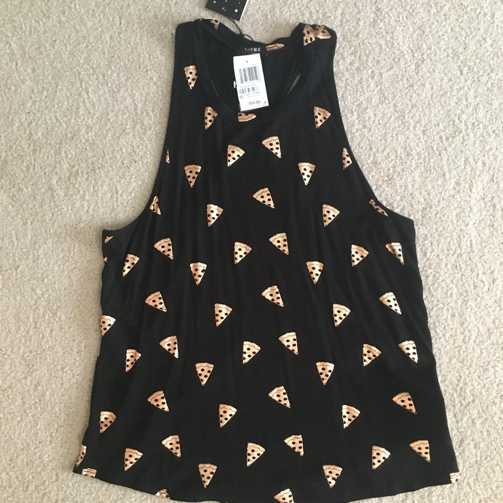 Terez Tank Black w Copper Foil print pizza slices